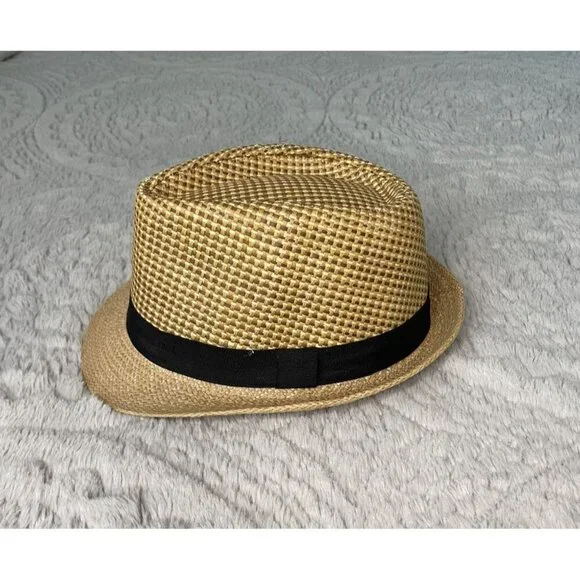 Straw Tan Fedora Hat with Black Ribbon Band 7/14 - Picture 2 of 4